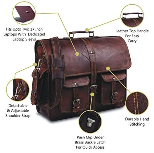 HULSH Vintage Leather Laptop Bag for Men Full Grain Large Leather Messenger bag for men 18 inches with rustic look Best leather briefcase — view 4
