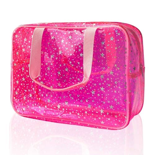 TotePrint Clear Star Print Cosmetic Bag, PVC Waterproof Travel Makeup Pouch,Large Clear Travel Toiletry Bag,30 x 13 x 21.6 cm(Pink)