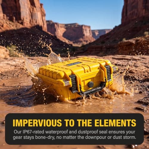 MEIJIA IP67 Waterproof Hard Protective Case,Compact Hard Camera Case,Small Hard Case with Customizable Foam, Fit Use of Drones,Camera,Lens(10.62 x9.68x4.87inches,Yellow) — view 4