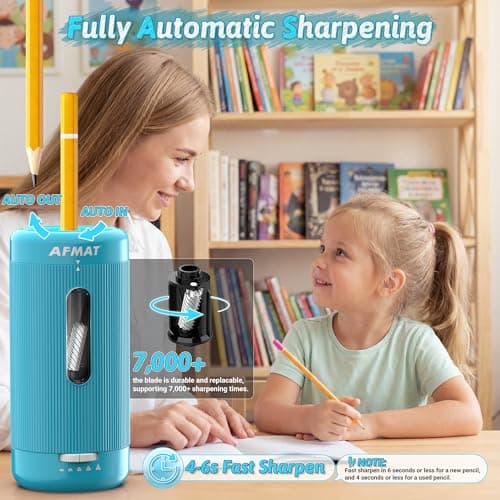 AFMAT Fully Automatic Electric Pencil Sharpener, Auto in & Out, Rechargeable Hands-Free Pencil Sharpeners for Jumbo&Colored Pencils (6.5-12mm), Portable for Home/Classroom/Office, Cyan, PSC3 — view 2