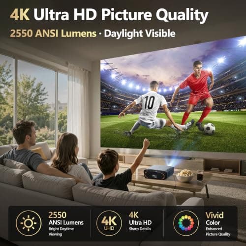 2550 ANSI Daylight Projector, GTV, Ultra HD 4K Projector for Outdoor Party Night, 70W DoIby Audio, ToF Auto Focus, Shorter Throw, NFC/Voice Control, HDMI ARC, WiFi 6 & Bluetooth 5.4, Home Cinema — view 3