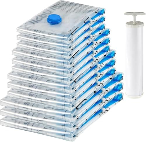 Amazon Basics Vacuum Compression Zipper Storage Bags with Airtight Valve and Hand Pump, 3x (Jumbo, Large, Medium, Small), 12-Pack, Multiple, Clear
