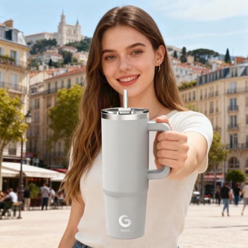BIGRD 890ml Insulated Coffee Cup Travel Mug Double-Walled Stainless Steel Vacuum Leak-Proof Drinking Cup with Handle and Straw Thermal Tumbler,Grey — view 2