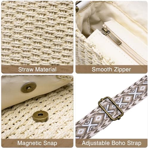 Toptime Straw Bag for Women, Small Summer Crossbody Bag with Zipper, Handmade Woven Boho Shoulder Bags with Adjustable Wide Strap, Stylish Beach Straw Handbag for Holiday Travel Vacation Shopping — view 5