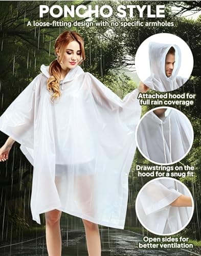 JXJIUA 2 Pack Rain Ponchos for Adults Men/Women Raincoats Reusable Lightweight Survival Emergency Heavy Duty Rain Coat with Drawstring Hood White — view 4