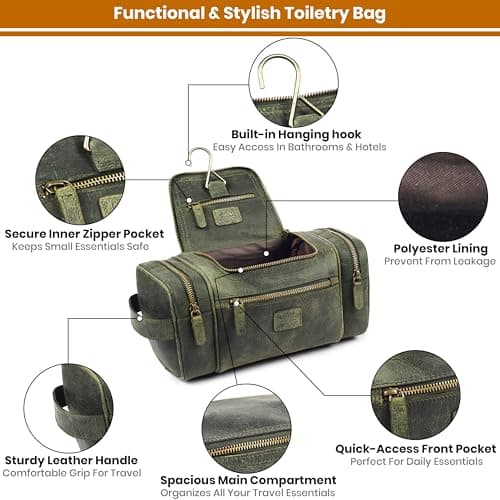 LEATHER VILLAGE Large Leather Toiletry Bag for Men, Hanging Dopp Kit, Olive, 12''x5.5''x5.5'', Vintage Leather Toiletry Bag — view 4