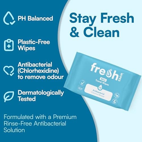 FreshWipes Mini Antibacterial Body Wipes for Adults 1 Pack (10 Wipes) - Biodegradable Wet-Wipes - Dermatologically Tested & Suitable for the Elderly or Disabled - Great for Camping (Coconut Breeze) — view 2