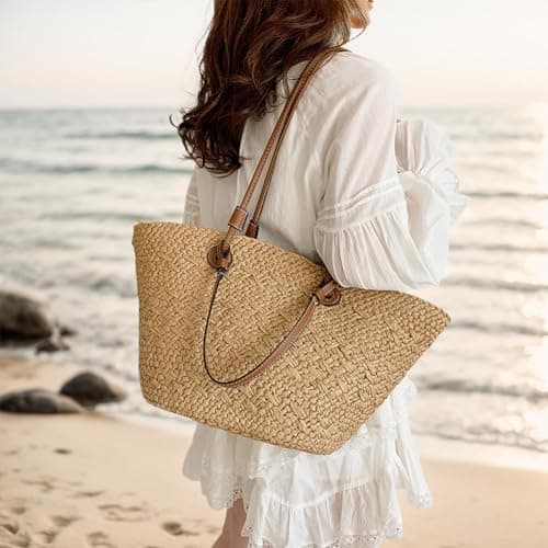 Fiorky Straw Tote Beach Bag Striped Shoulder Handbag Women Woven Tote Bag Fashion Shoulder Bag Large Capacity Summer Beach Bags Trendy Braided Bag Stylish Weaving Bag for Shopping Picnic — view 3