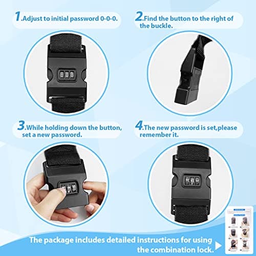 Luggage Strap, 2pcs Suitcase Straps with Password Lock Information Card, Adjustable Travel Packing Accessories Suitcase Belts with Buckle (Black+Pink, 2 PCS Set) — view 5