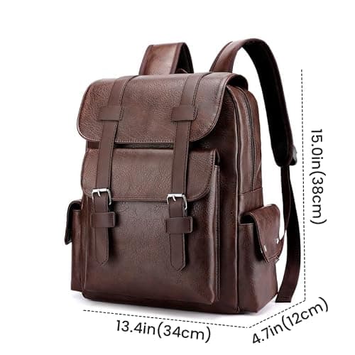 FUNSEED Backpack for Men, Large Capacity 15.6in Laptop Bag Vintage PU Leather Shoulder Bag for Travel Work, Brown, L, Fashion — view 2