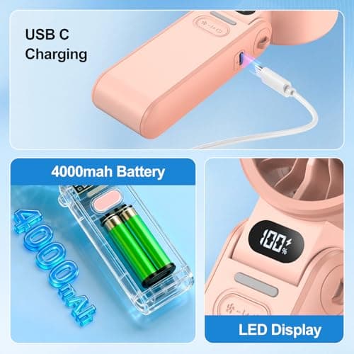 LIPETY Portable Turbo HandHeld Fan - Mini Hand Held Fan 4000mah Battery Operated USB Rechargeable Personal Foldable Powerful Fans for Travel Camping Outdoor Office School Home — view 4