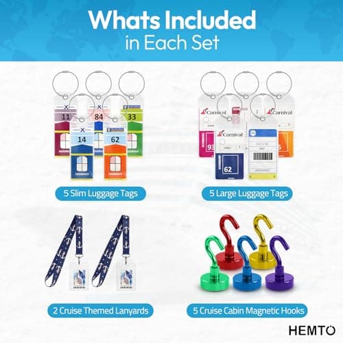 Cruise Essentials Set (17 Pack) – Travel Ship Accessories Kit – Luggage Tags, Lanyard with Ship Key Card Holder, Cabin Hooks – Compatible with All Cruise Lines — view 6