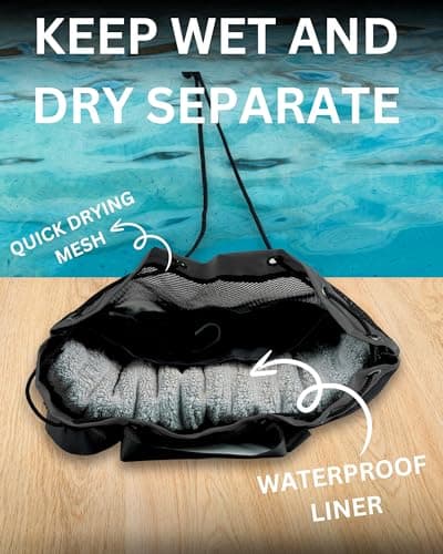 JIMJOOS Drawstring Mesh Swimming Bag - 25L Waterproof Swim Bag with Wet/Dry Compartment, Multifunctional Sports Backpack for Kids, Adults, Swimming, Surfing, Beach, Gym (Black) — view 2