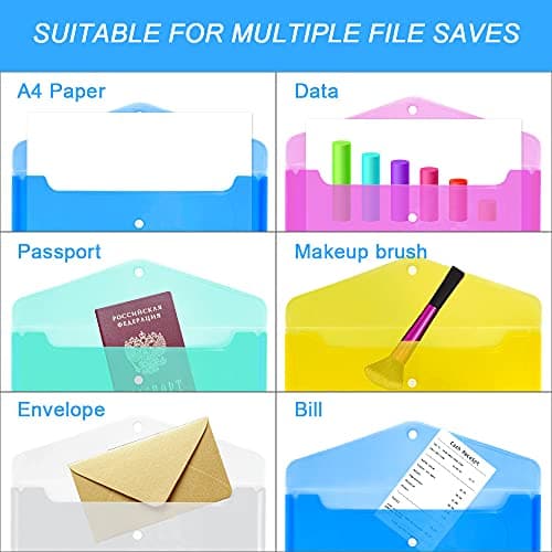 Wallets - 10 Pack A4 Folders Document Files Envelope - Plastic Popper With Label Pocket and Snap Button for School Office Homework Travel, Assorted Colours — view 6