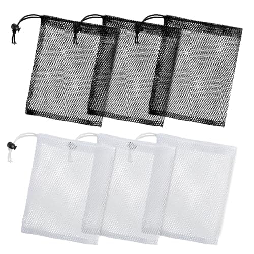 Oruola 6pcs Small Mesh Laundry Bags with Cord Lock - Drawstring Bags (3 Black, 3 White), for Golf Stuff, Little Toys, Candy - 20 X 15 Cm