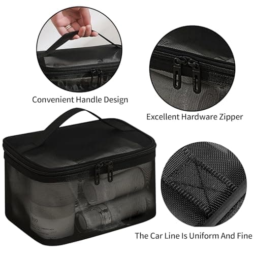Lizbin Mesh Makeup Bag Travel Toiletry Bag, Portable Mesh Cosmetic Bag Makeup Organizer Bag, Travel Bag with Handl, Mesh Zipper Pouch for Home Office Travel Accessories (Black) — view 3