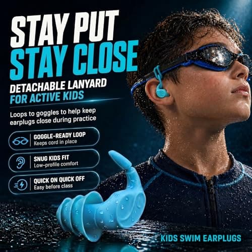 Kids Swim Ear Plugs - 4 Pairs Waterproof Silicone Earplugs for Children 5-14 Years with Detachable Cord, 2 Wearing Styles, Attaches to Goggles, Reusable Ear Protection for Pool, Swimming Lessons — view 6