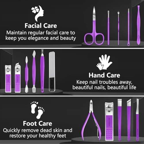Manicure Pedicure Set - 16 Pcs Nail Clipper Set Professional Nail Grooming Tools Manicure Pedicure Kit, Nail Care Kit Idea for Men Women with Travel Case Purple — view 2