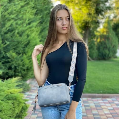 Roulens Small Crossbody Bag with 3 Zip Compartments,Vegan Leather Phone Bag for Women,Shoulder Bag with Adjustable and Removable Wide Strap — view 2