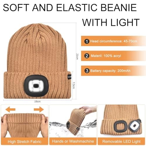 COTOP LED Beanie with Light,USB Rechargeable Hat Hands Free 4 LED Headlamp Cap Winter Knitted Night Lighted Hat Flashlight Women Men Gifts for Dad Him Husband Brown — view 3