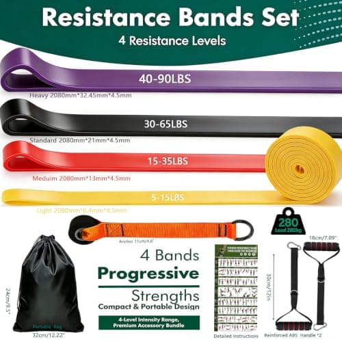 Long Resistance Bands Set, 4 Pcs Heavy Duty TPE Exercise Band (90lbs Max) for Pull Up Assist, Odourless Workout Bands with Upgraded Door Anchor+Pro Handle, Portable Home Gym Band for Strength Training — view 2