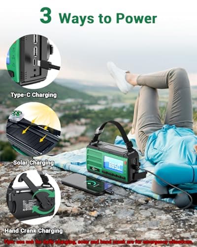 Esky 10000mAh Wind Up Radio, AM/FM Portable Rechargeable Emergency Radio, Flashlight, Reading Lamp, SOS Alarm & Compass, USB/Solar/Hand Crank Charging for Camping, Outdoor, Power Outage, as Gift — view 3