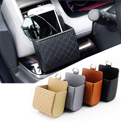 Car Storage Box, Universal Car Air Vent Organiser, Multifunctional Mount Outlet Storage Box, Hanging PU Leather Container Bag for Pen, Phone, Keys, Dark Beige — view 2