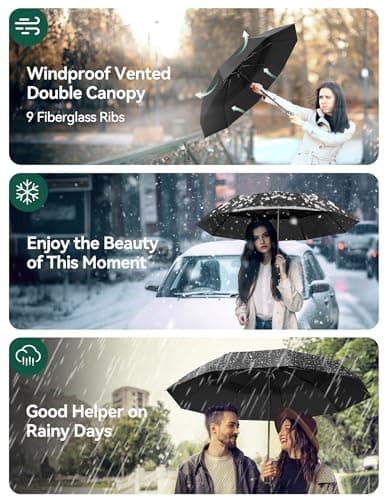 TECKNET Umbrella Windproof Strong Real Wood Handle Auto Open Close Vented Double Canopy - Portable Compact Folding Travel Umbrella, Strong Fiberglass Frame for Men and Women — view 3