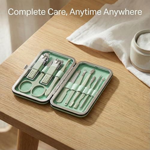 Barpre Manicure Set Professional - 10 Piece Stainless Steel Nail Clippers Kit & Pedicure Tools, Grooming Kit for Men & Women, Sharp Nail Cutter with Luxury Green Travel Leather Case — view 5