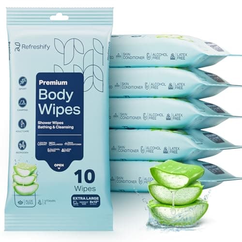 60 XL Body Wipes – Wet Wipes for Adults No Shower – 6 Packs of 10 – Extra Moist Bath with Aloe & Vitamin E for Camping, Travel, Gym & Bedridden Care