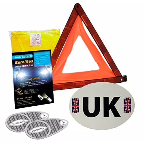 4 Piece European Motoring Driving Travel Kit Eurolites Headlamp Beam Deflectors Converters Warning Triangle GB Sticker High Visibility Vest (XXL) For Travelling Abroad