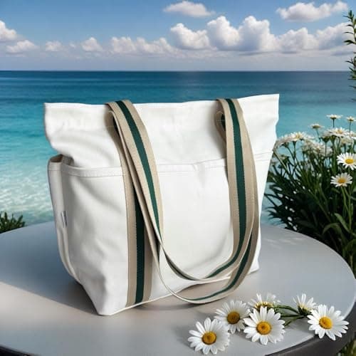 Augbunny 16OZ 100% Cotton Canvas Lined Grocery Shopping Diaper Bag Zipper Closure Beach Casual Multi Purpose Tote — view 2