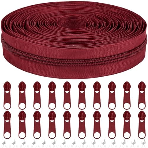 DOITEM #5 Nylon Coil Zippers by The Yard Bulk 10 Yards 9 Meters with 20pcs Zipper Sliders for DIY Sewing Tailor Craft Bag Garment Home Textile (Burgundy, #5)