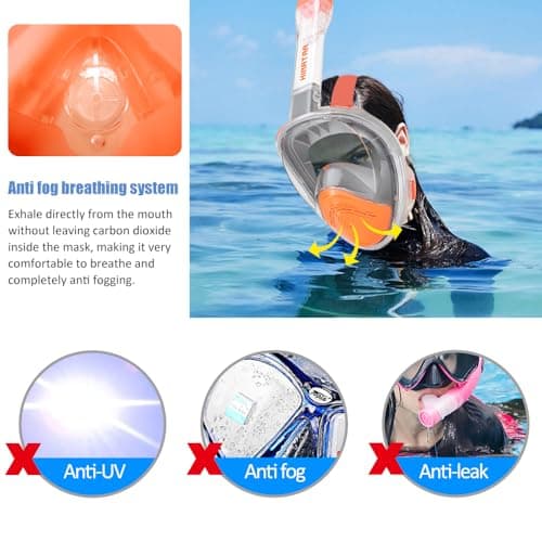 HINATAA 180°Full Face Snorkel Mask,Double Floating Ball Design Anti-Leak Free Breathing,Full Dry Anti Fog Breathing System Snorkeling Mask,Professional Snorkeling Set (Orange, S/M) — view 5