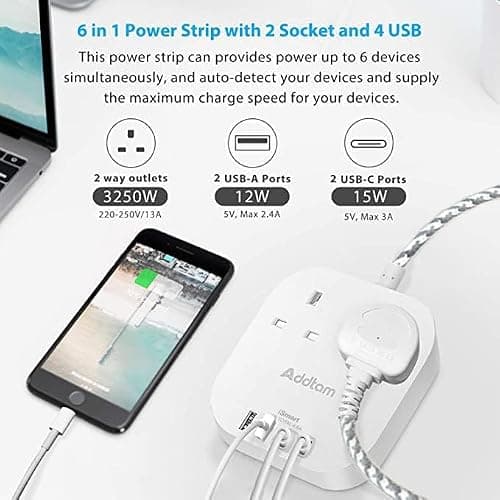 Extension Lead, Power Strips with 2 Way Outlets 4(4.5A, 2 Type C & 2 USB-A) — view 2