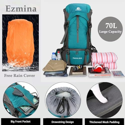 Ezmina 70L Hiking Backpack with Rain Cover Lightweight Camping Rucksack for Men Women Large Trekking Bag Waterproof Travel Backpacking Hiker Daypack for Touring Climbing Outdoor Sport Mountaineering — view 5