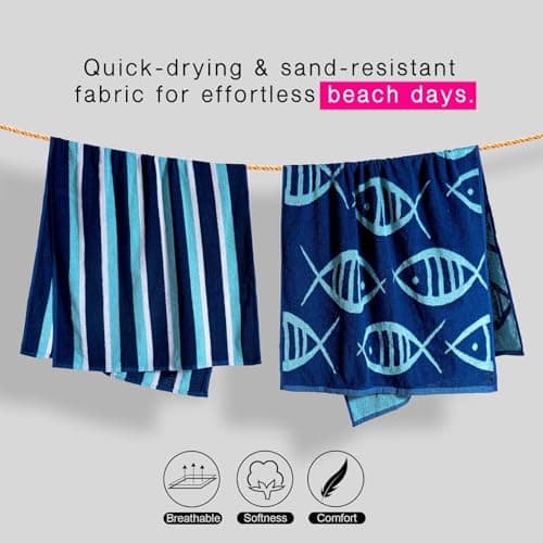 CASA COPENHAGEN Miami Towel 2Pcs Fish Blue - Blue Stripe Designer Stripe Beach Towels Gift Set, 76 x 152 cm, Oversized 100% Cotton Pool Bath Towel for Beach Gift Set (Summer Gift Set For Women & Men) — view 3