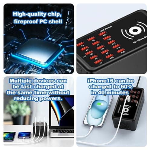 Multiport USB Charging Station – 15-Port Smart Charger Hub, 100W Supply | Wireless Dock for Phone, Laptop, Tablet, Earbuds, Home Office Desk, Compact Device Organizer, Portable Tech Accessory — view 3