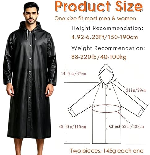 JXJIUA Rain Poncho Raincoats for Adults Men/Women, 2 Pack Reusable Rain Jacket Rainwear with Hoods and Sleeves, Waterproof for Emergency, Outdoors, Camping (Black) — view 2