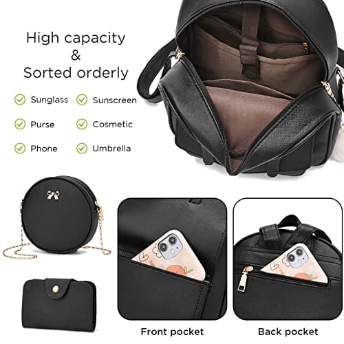 Gloppers Girls Mini Backpack Purse 3PCS Set Cute Faux Leather Rucksack with Shoulder Bag and Card Holder for Travel School (Gold Pink) — view 3