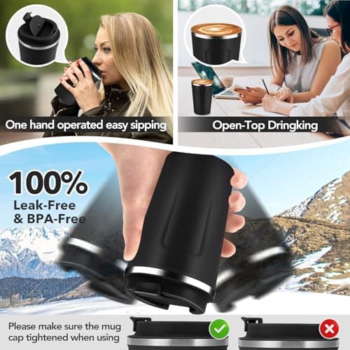 Volhoply 360ml 12oz Double Wall Insulated Vacuum Travel Coffee Mugs with Flip Lid Bulk 2 Pack,Reusable Stainless Steel Leak Proof Coffee Cup,Thermal Tumbler for Cold & Hot Drinks(Assorted,2 Set) — view 6