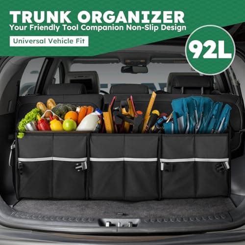 Tonmifr Heavy-Duty Car Boot Organiser & Multi-Compartment Storage Box for SUV/Hatchback/Estate, 600D Oxford Collapsible Tidy, 2 Securing Hooks & Reflective Strips - Large Capacity Organiser​ (92L) — view 2