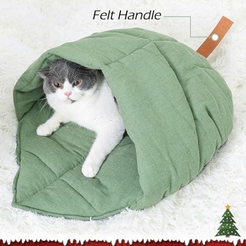 TANGN Cat Sleeping Bag, Linen Fabric Bed Cave Leaf Nest Pet Cuddle Zone Covered Hide Hood Burrowing Cozy Soft Durable Washable with Non-Slip Bottom for Indoor Puppy and Kitten (Green) — view 6