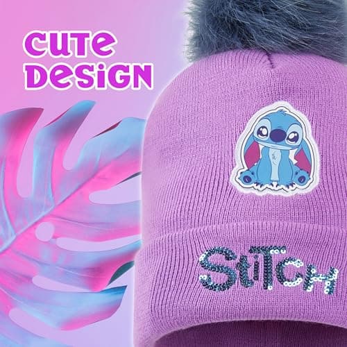 Disney Stitch Girls Beanie Scarf Teenagers Kids Gloves Winter Accessories School Travel Stitch Gifts, Choose from Sets (Purple Stitch 2 Pcs) — view 6