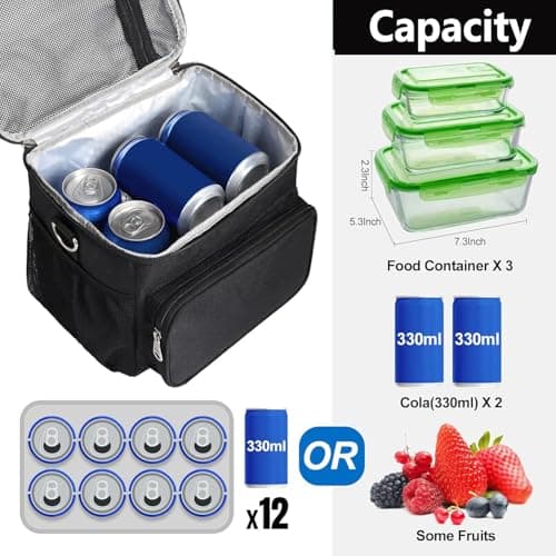 KANGSIT 9L Insulated Lunch Bag, Fits 12 Cans, Large Soft Cooler Tote, Black — view 3