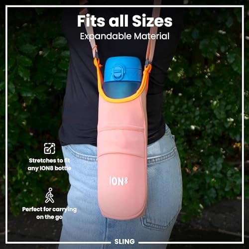 Ion8 Sling Bag – Foldable, Lightweight Water Bottle Holder & Carrier with Pocket, Adjustable Strap & Hook – Machine Washable, Fits 1L Bottle – Travel-Friendly & Easy to Clean Hydration Pouch, Coral — view 3