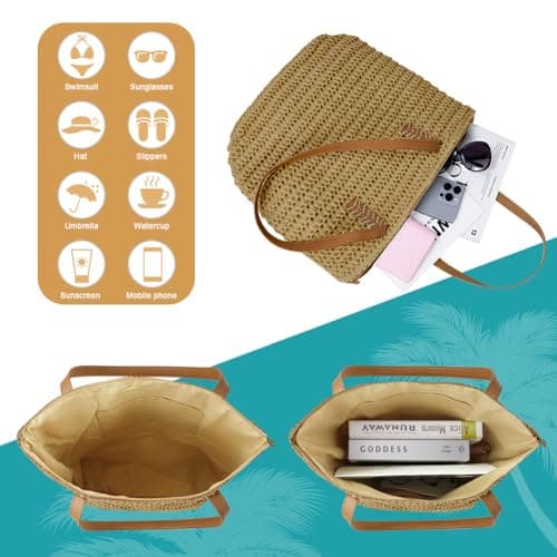Aucuu Straw Shoulder Bag, Straw Bag for Women, Beach Bag, Large Zippered Handbag Tote Bag, Bohemian Summer Handheld Shoulder Bag for Outdoor Travel and Beach (Caramel) — view 6