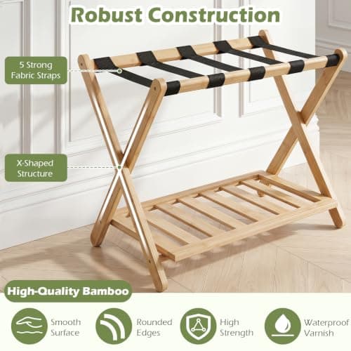 COSTWAY Bamboo Luggage Rack, Folding Suitcase Stand (Natural+Black, 1PC) — view 2