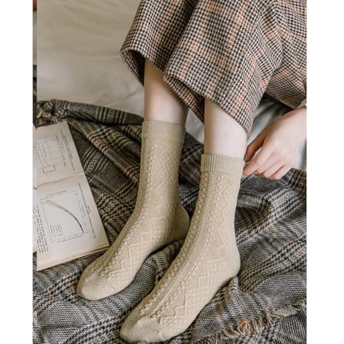 KIXZSAZ 2PCS Thermal Socks Thickened Solid Retro Wool Sock Coldproof Durable Stockings Footwear Winter Travel Birthday, Khaki — view 5