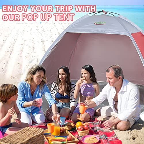 Unibos Large Pop Up Beach Tent for (2-3) Person, Portable Automatic Waterproof Sun Shade Tent Easy Set Up Lightweight Pest Proof UV 50+ Sun Shelter with Extended Zippered Porch (Red) — view 5